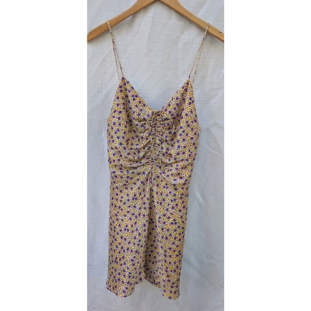 Zara Womens Ditsy Floral Draped‎ Satin Effect Mini Dress Sz Large Slip Dress Tie